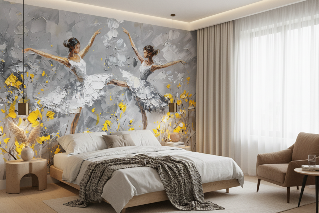 Papier peint danseuses ballet contemporain fleuri jaune et gris - Chambre adulte