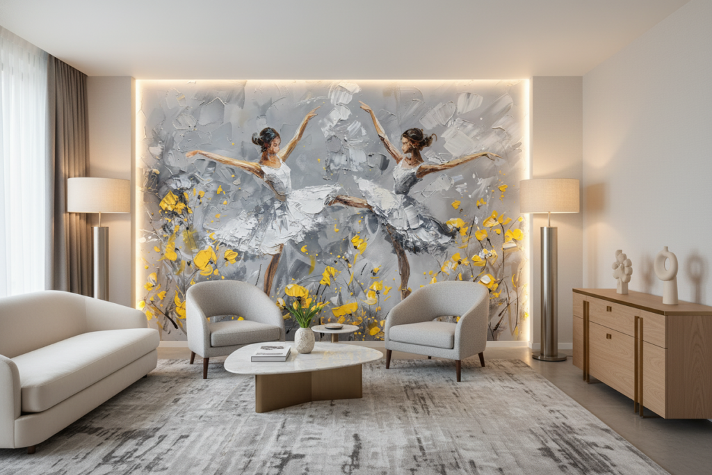 Papier peint danseuses ballet contemporain fleuri jaune et gris - Hôtel