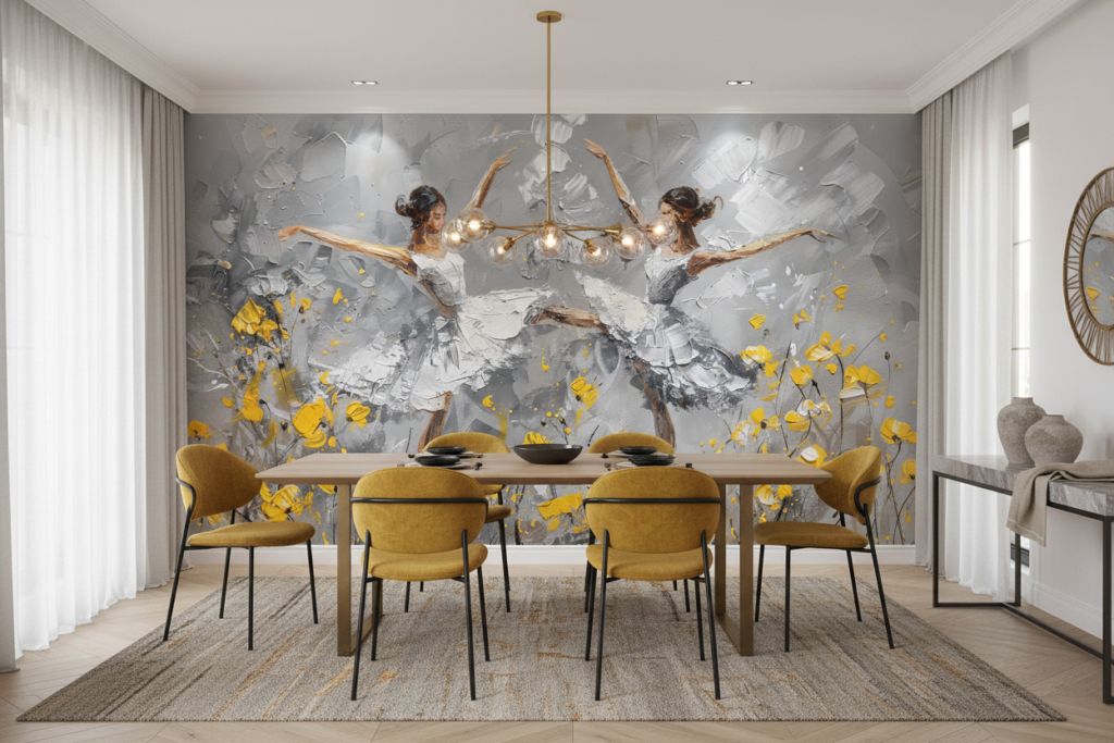 Papier peint danseuses ballet contemporain fleuri jaune et gris - Salle à manger