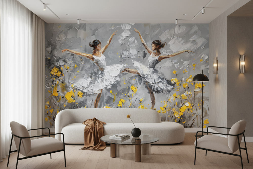 Papier peint danseuses ballet contemporain fleuri jaune et gris - Salon / Séjour