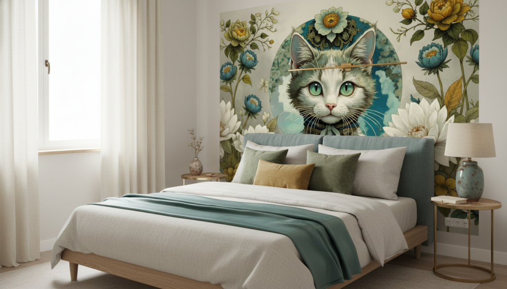 Papier peint décoratif chat aristocrate fleurs lotus style vintage - Chambre adulte