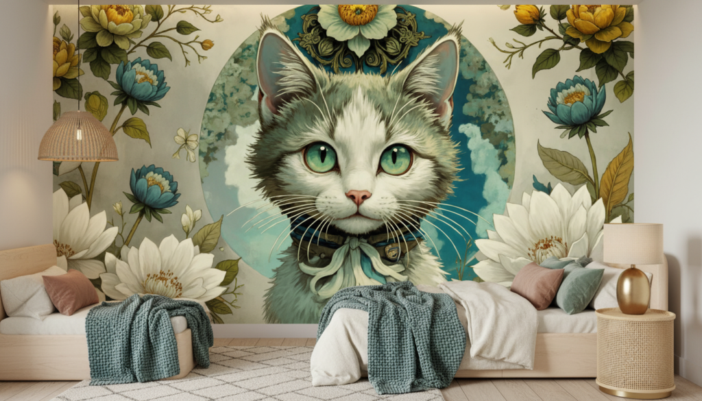 Papier peint décoratif chat aristocrate fleurs lotus style vintage - Chambre enfant