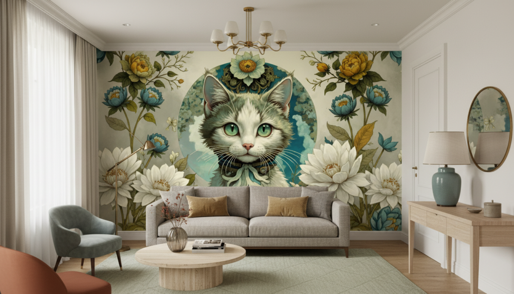 Papier peint décoratif chat aristocrate fleurs lotus style vintage - Salon / Séjour