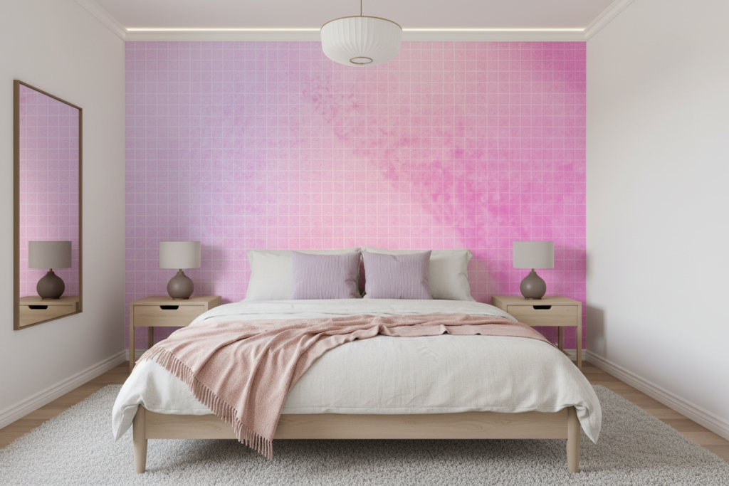 Papier peint dégradé rose et violet avec motif géométrique quadrillé - Chambre adulte