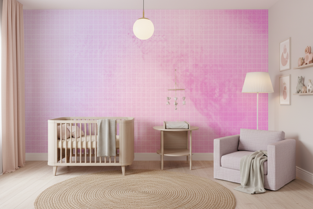 Papier peint dégradé rose et violet avec motif géométrique quadrillé - Chambre bébé