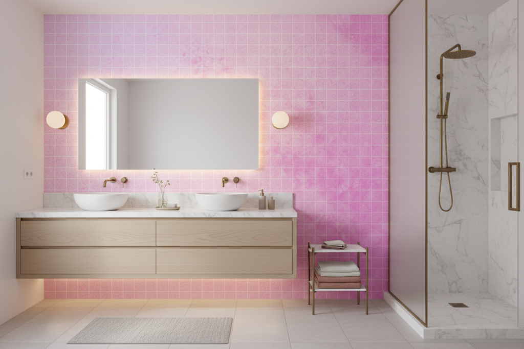 Papier peint dégradé rose et violet avec motif géométrique quadrillé - Salle de bain