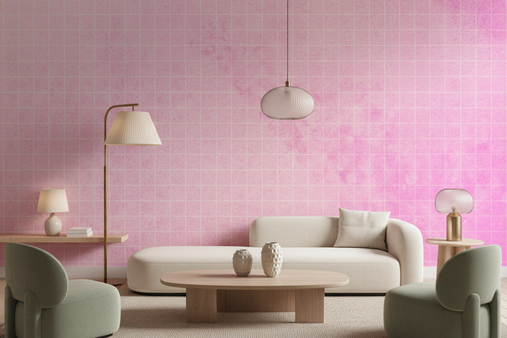 Papier peint dégradé rose et violet avec motif géométrique quadrillé - Salon / Séjour