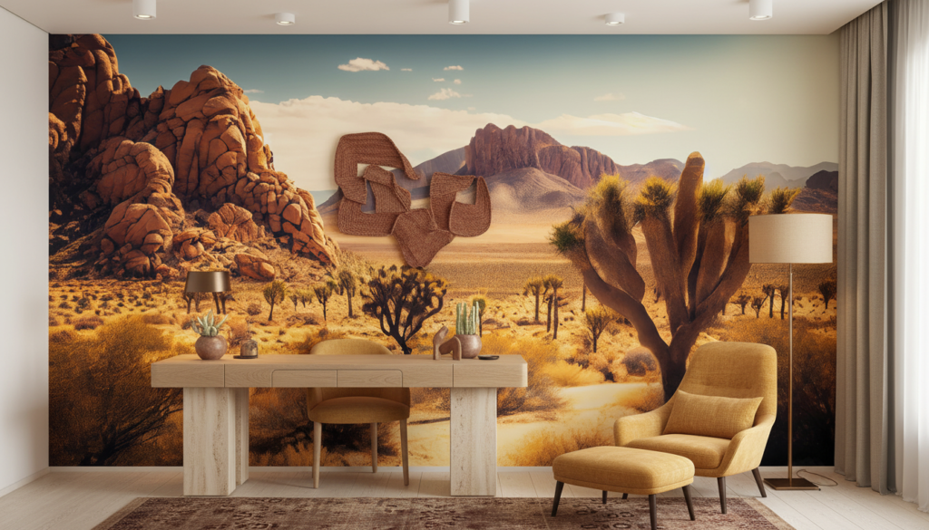 Papier Peint Désert Californien Cactus et Montagnes Dorées - Bureau