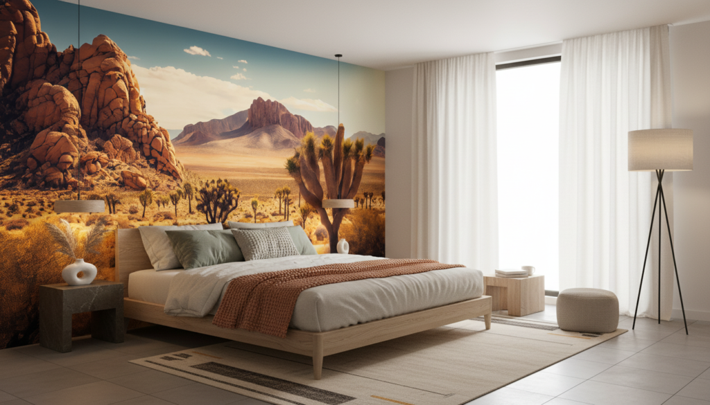Papier Peint Désert Californien Cactus et Montagnes Dorées - Chambre adulte