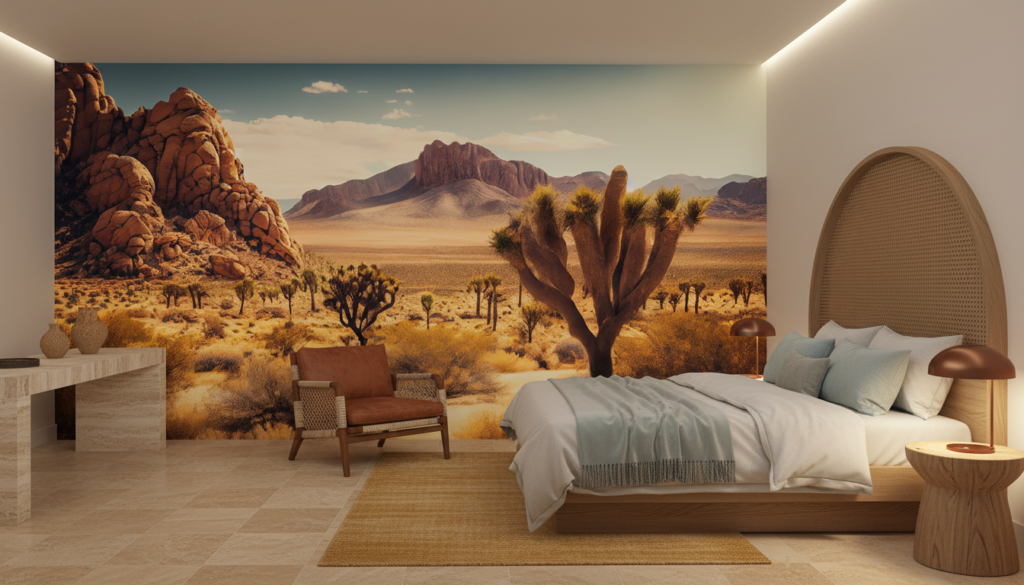 Papier Peint Désert Californien Cactus et Montagnes Dorées - Hôtel