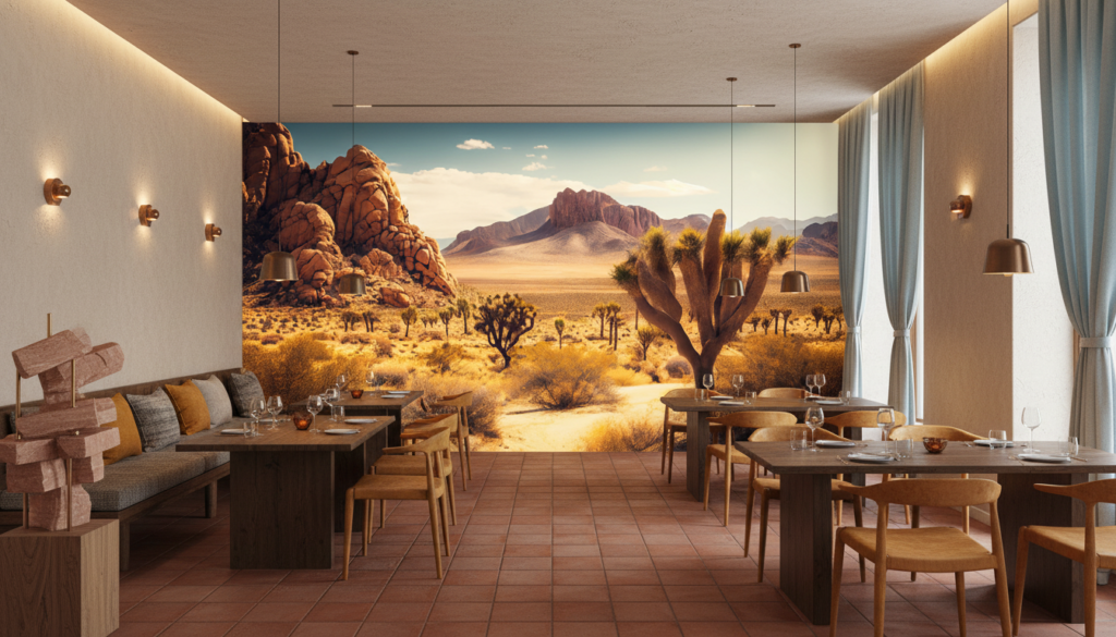 Papier Peint Désert Californien Cactus et Montagnes Dorées - Restaurant