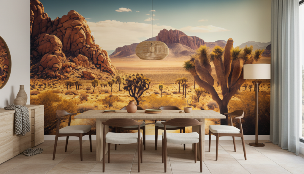 Papier Peint Désert Californien Cactus et Montagnes Dorées - Salle à manger