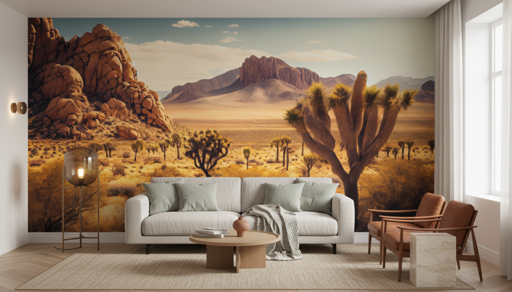 Papier Peint Désert Californien Cactus et Montagnes Dorées - Salon / Séjour