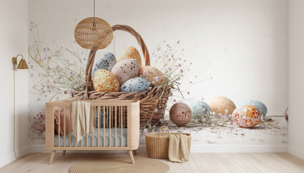 Papier Peint Décoratif Panier d'Œufs de Pâques et Fleurs Champêtres - Chambre bébé