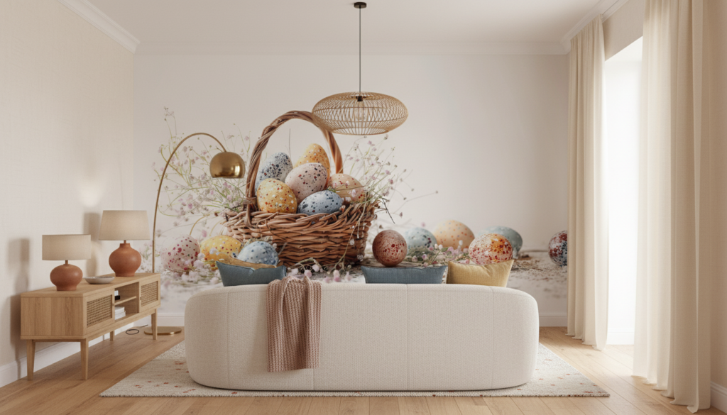 Papier Peint Décoratif Panier d'Œufs de Pâques et Fleurs Champêtres - Salon / Séjour