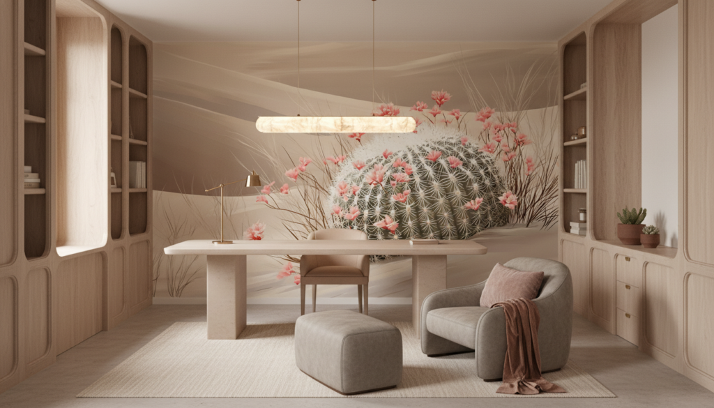 Papier peint désert fleuri avec cactus épineux et fleurs roses - Bureau
