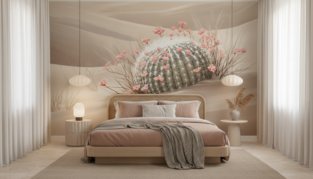 Papier peint désert fleuri avec cactus épineux et fleurs roses - Chambre adulte