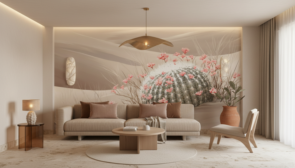 Papier peint désert fleuri avec cactus épineux et fleurs roses - Hôtel