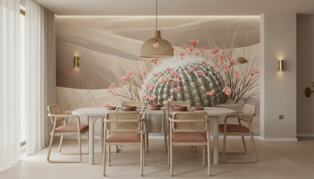Papier peint désert fleuri avec cactus épineux et fleurs roses - Salle à manger