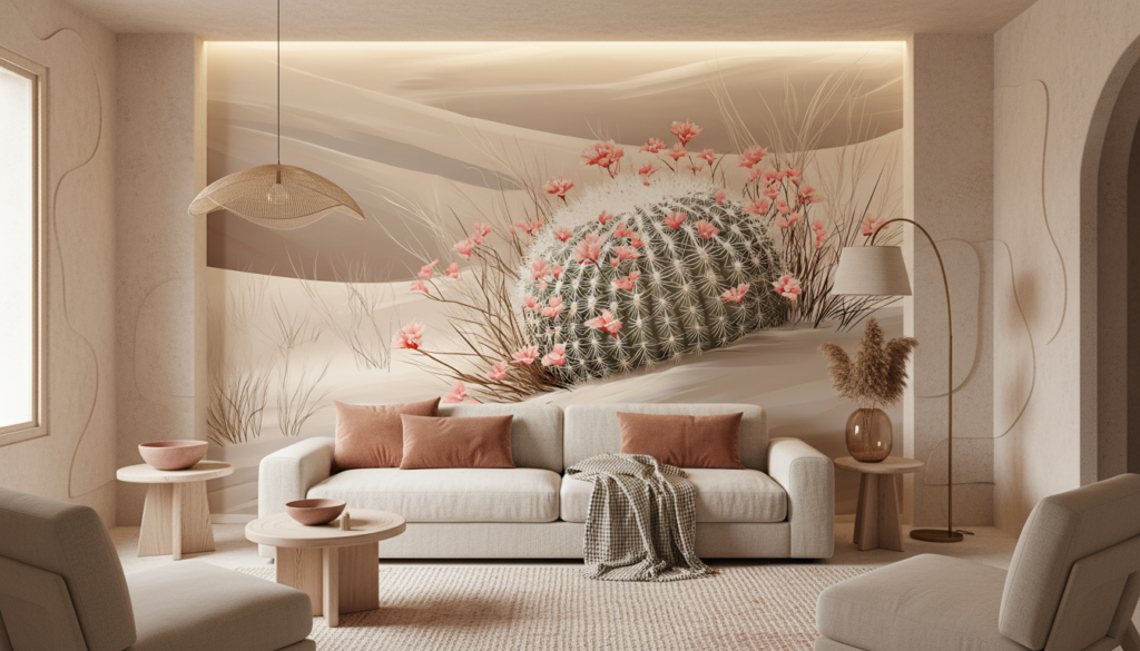 Papier peint désert fleuri avec cactus épineux et fleurs roses - Salon / Séjour