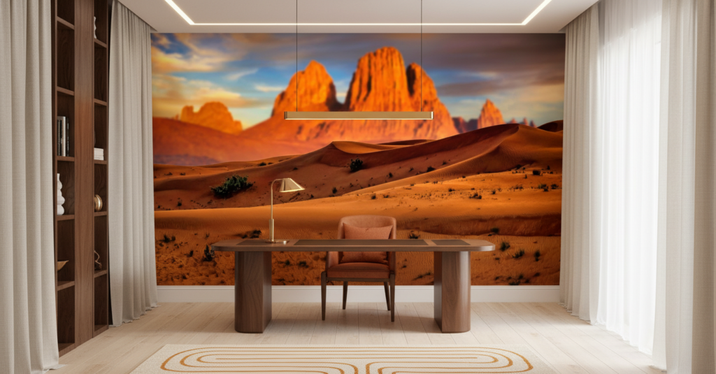 Papier Peint Désert Sahara Dunes Dorées et Montagnes Oranges - Bureau