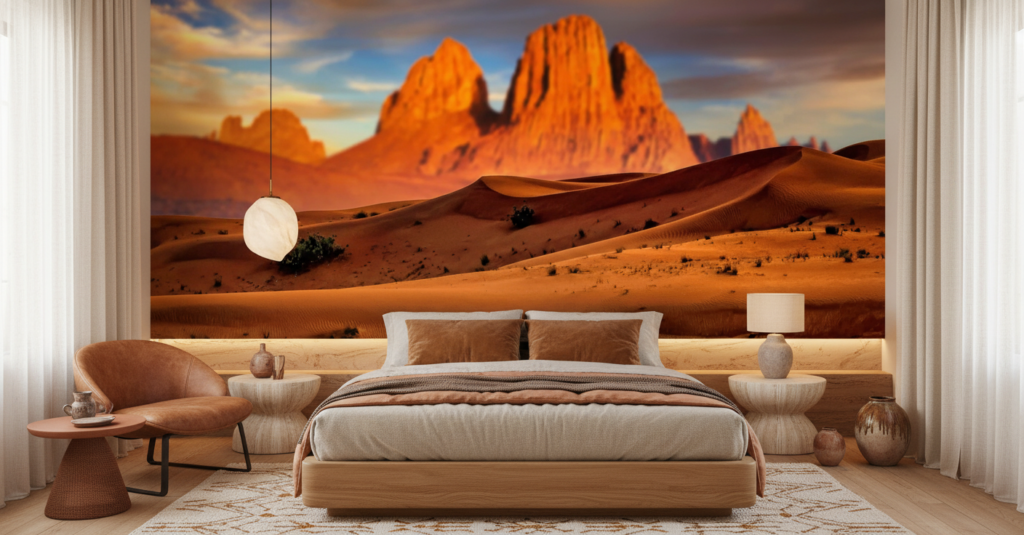 Papier Peint Désert Sahara Dunes Dorées et Montagnes Oranges - Chambre adulte