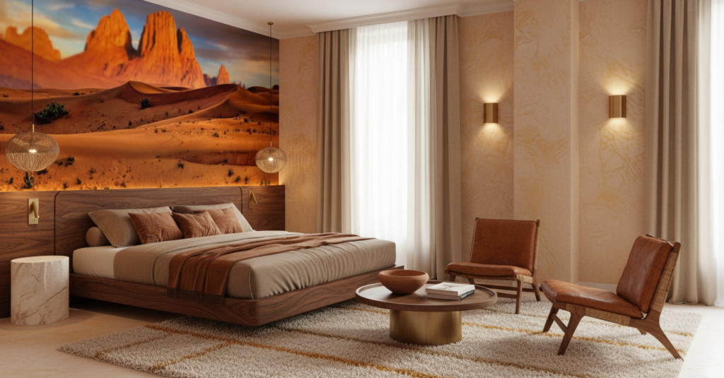 Papier Peint Désert Sahara Dunes Dorées et Montagnes Oranges - Hôtel