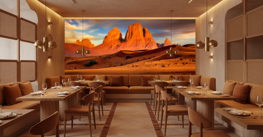 Papier Peint Désert Sahara Dunes Dorées et Montagnes Oranges - Restaurant