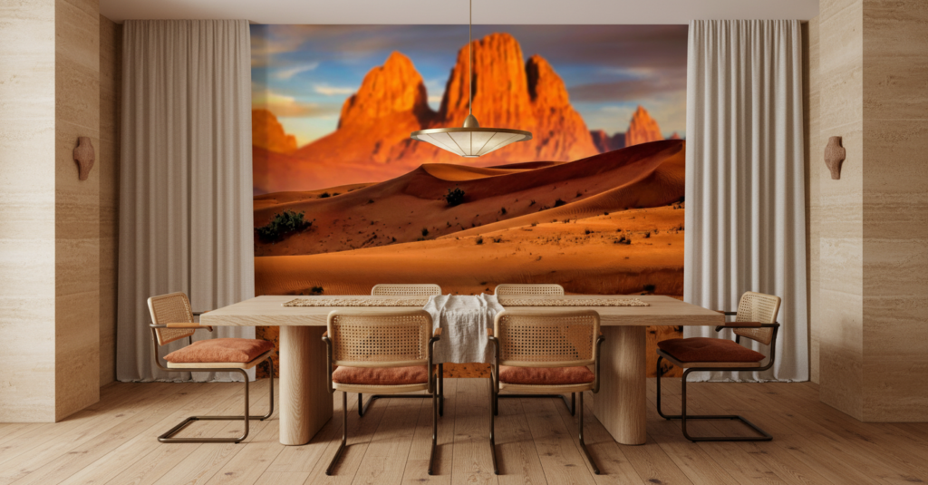 Papier Peint Désert Sahara Dunes Dorées et Montagnes Oranges - Salle à manger