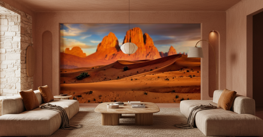 Papier Peint Désert Sahara Dunes Dorées et Montagnes Oranges - Salon / Séjour