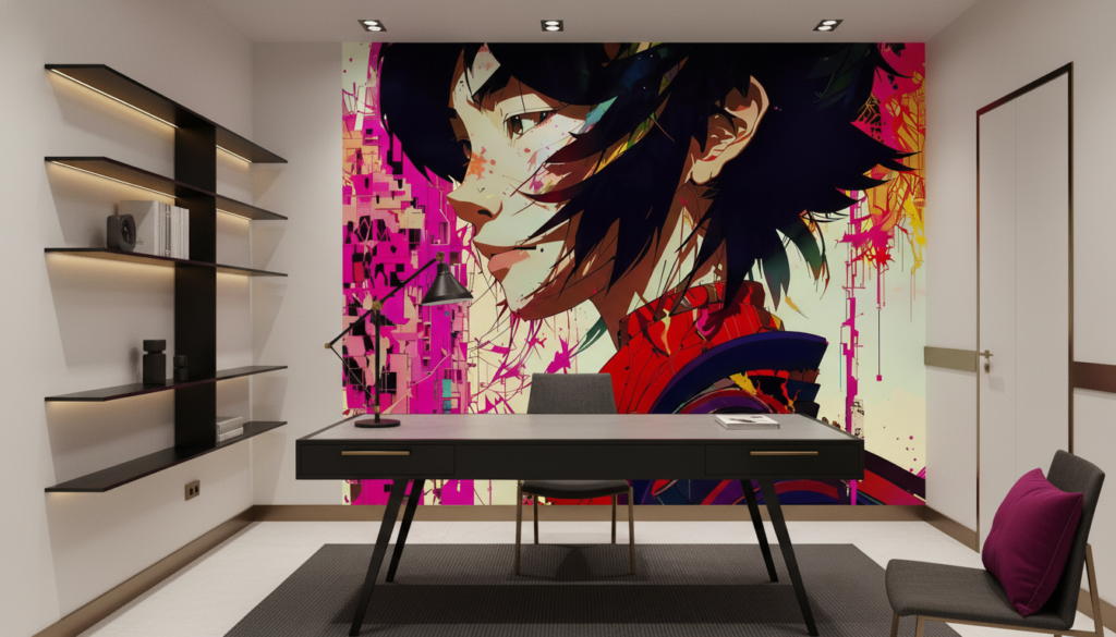 Papier Peint Digital Anime Girl aux Touches Cyber Colorées - Bureau