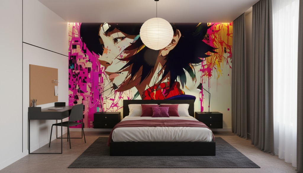 Papier Peint Digital Anime Girl aux Touches Cyber Colorées - Chambre ado