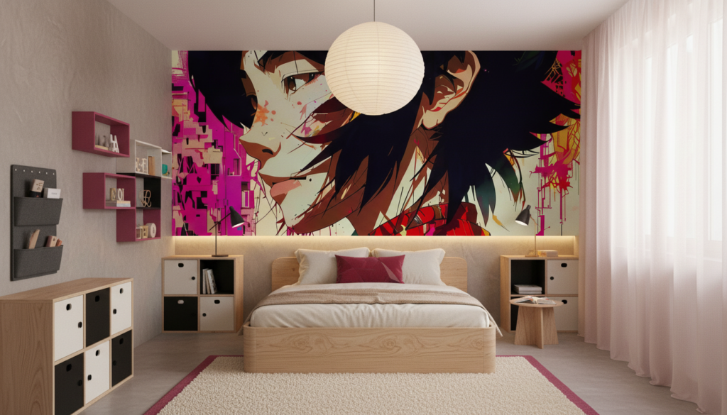 Papier Peint Digital Anime Girl aux Touches Cyber Colorées - Chambre enfant