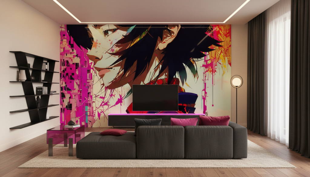 Papier Peint Digital Anime Girl aux Touches Cyber Colorées - Salon / Séjour