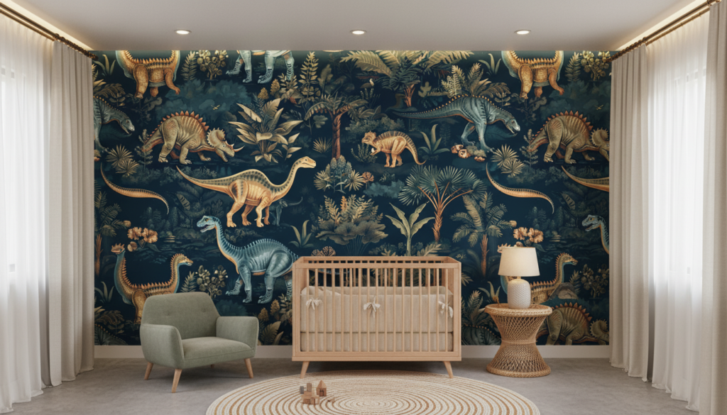 Papier Peint Dinosaures Jungle Préhistorique Bleu Aventure Enfant - Chambre bébé