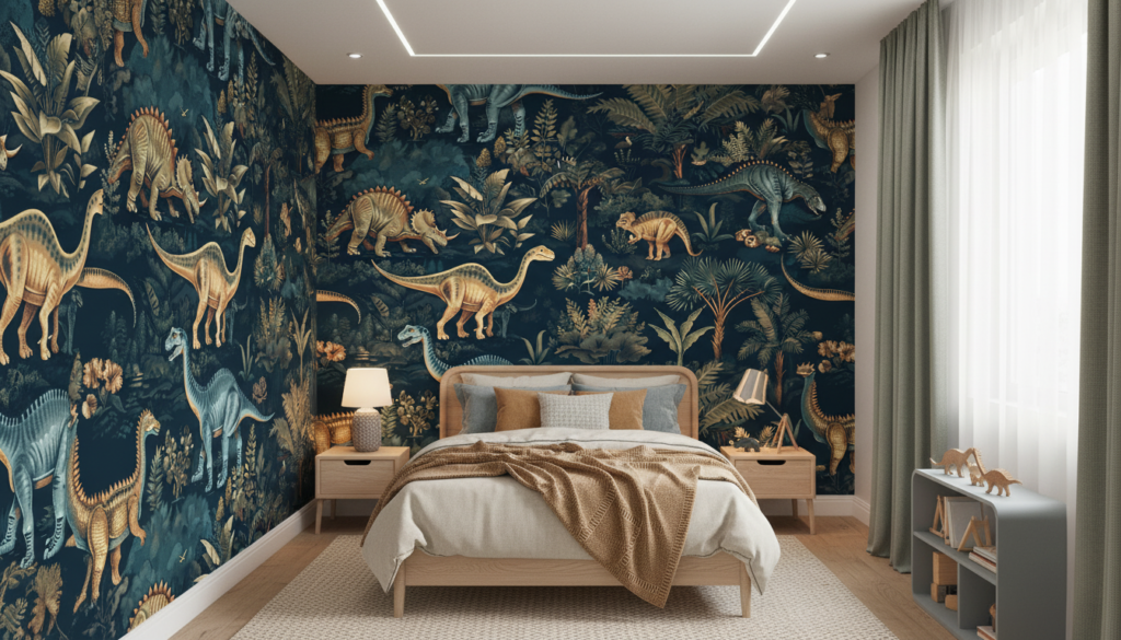 Papier Peint Dinosaures Jungle Préhistorique Bleu Aventure Enfant - Chambre enfant