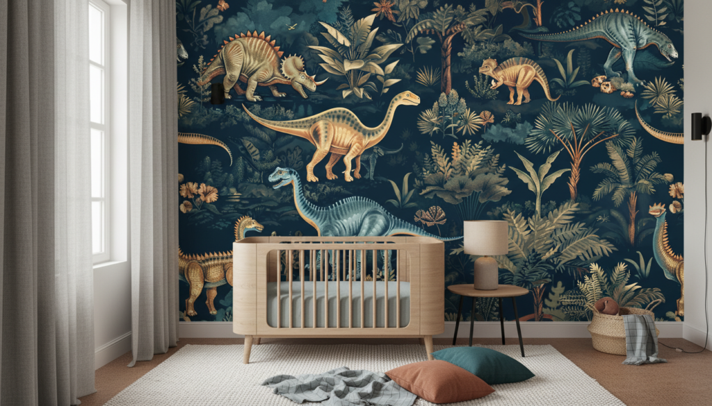 Papier Peint Dinosaures Jungle Préhistorique Bleu Aventure Enfant - Espace enfant (pro)