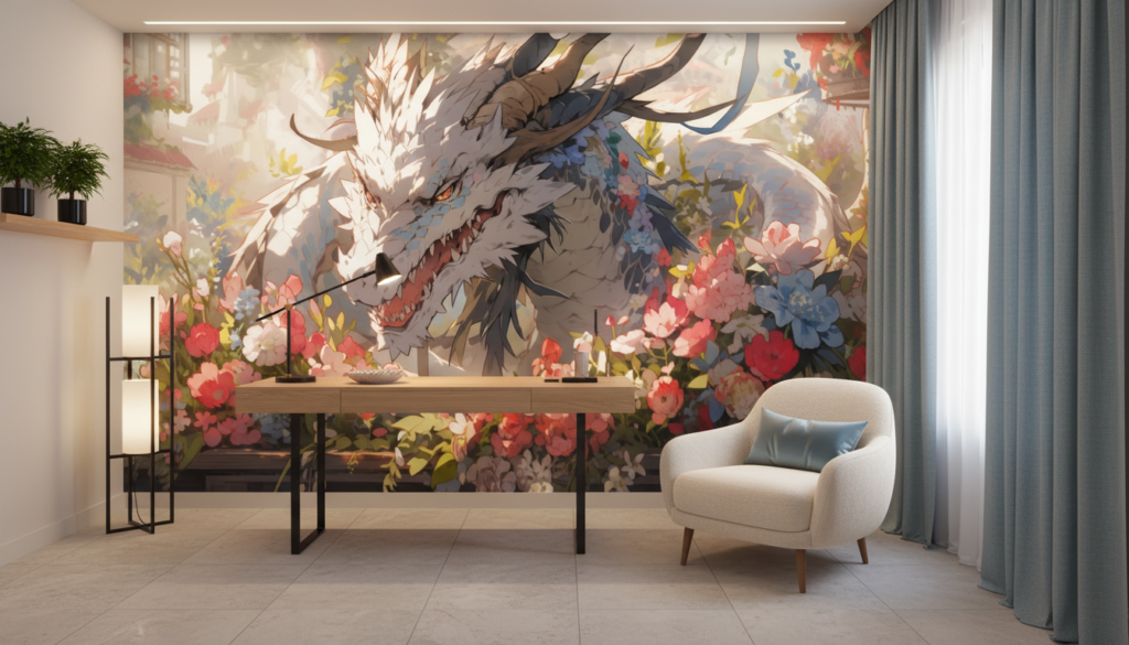 Papier peint dragon fantastique entouré de fleurs colorées style japonais - Bureau