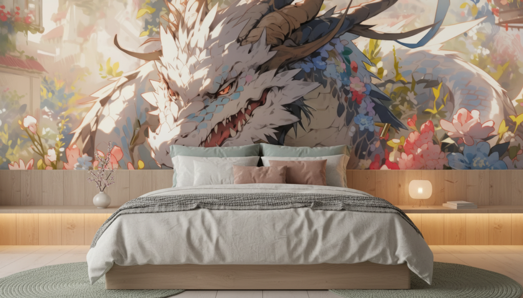 Papier peint dragon fantastique entouré de fleurs colorées style japonais - Chambre adulte