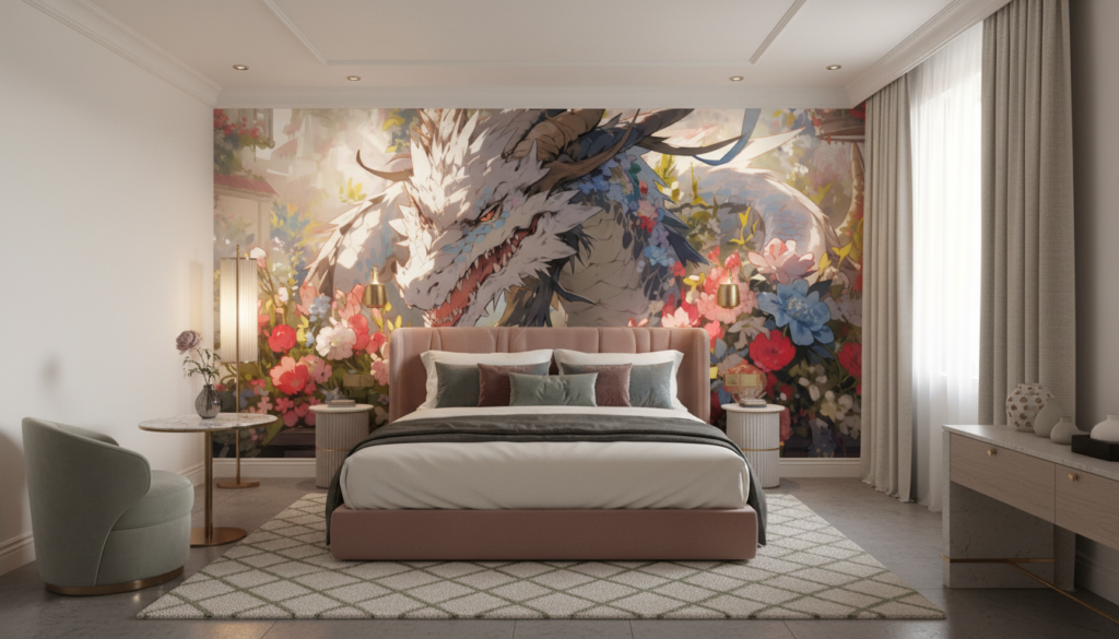 Papier peint dragon fantastique entouré de fleurs colorées style japonais - Hôtel
