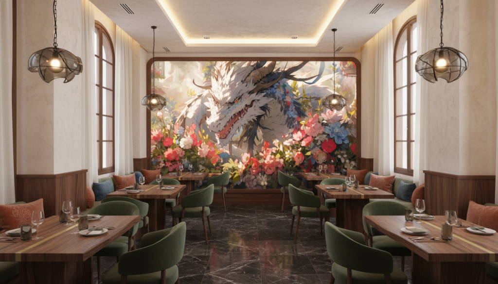 Papier peint dragon fantastique entouré de fleurs colorées style japonais - Restaurant
