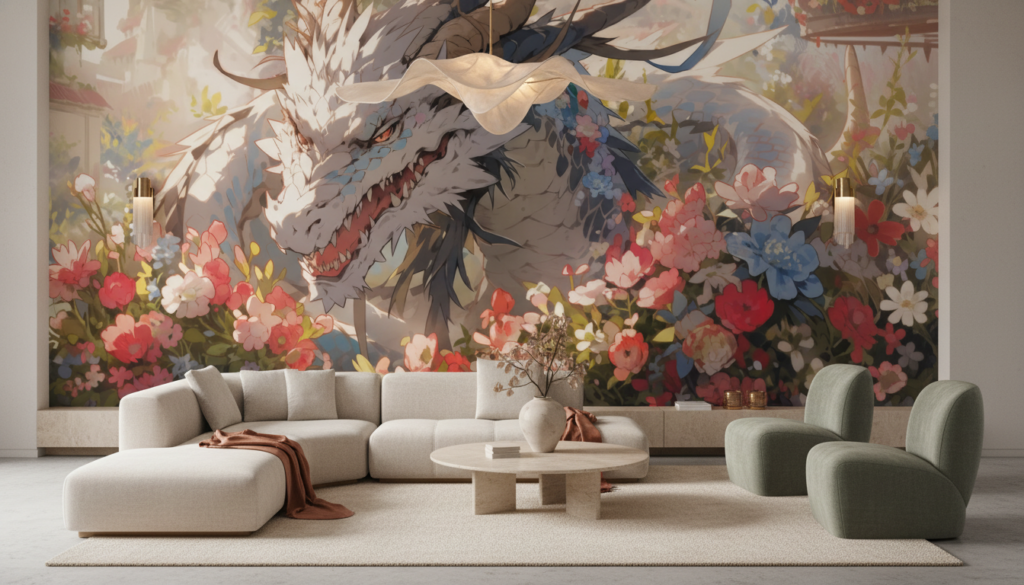 Papier peint dragon fantastique entouré de fleurs colorées style japonais - Salon / Séjour