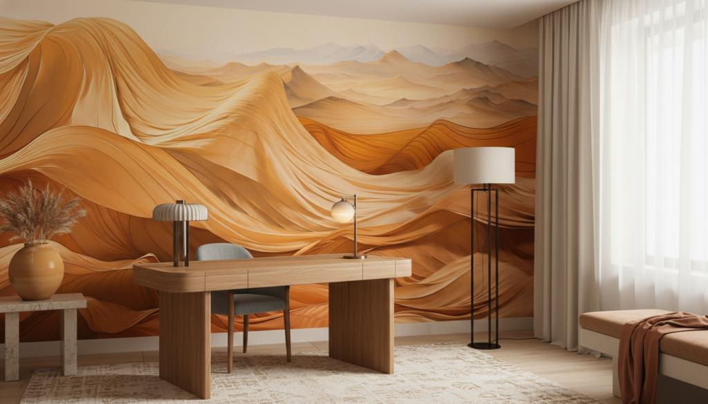 Papier Peint Dunes Dorées Abstraites Paysage Montagneux Ondulant - Bureau