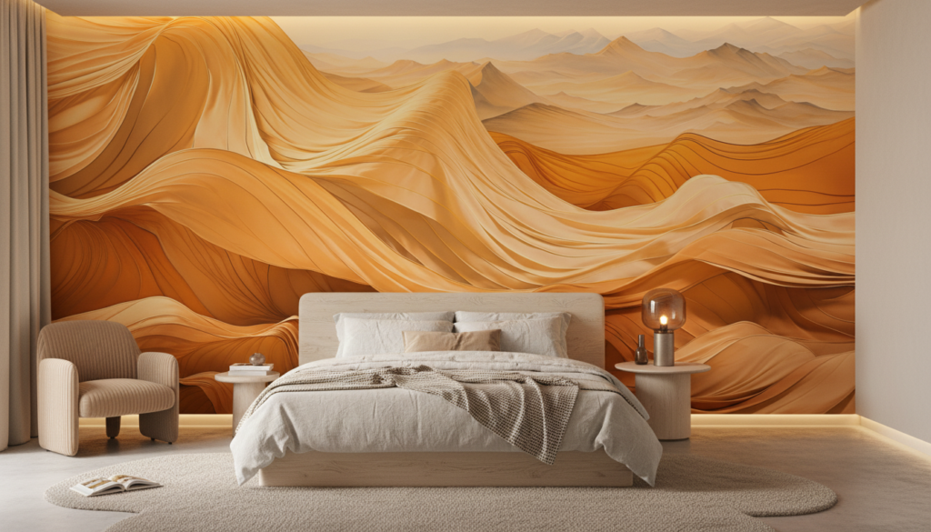Papier Peint Dunes Dorées Abstraites Paysage Montagneux Ondulant - Chambre adulte