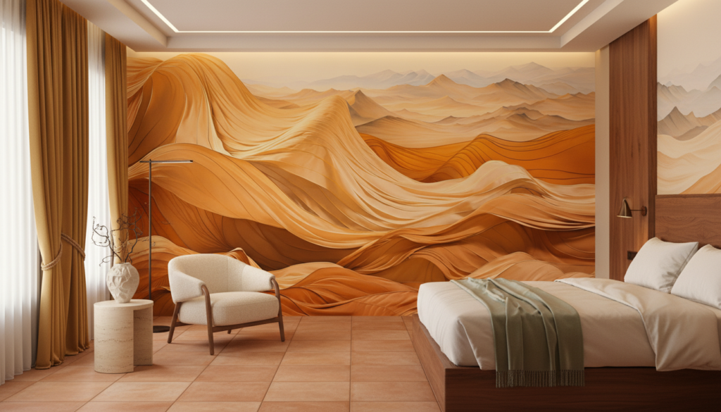 Papier Peint Dunes Dorées Abstraites Paysage Montagneux Ondulant - Hôtel