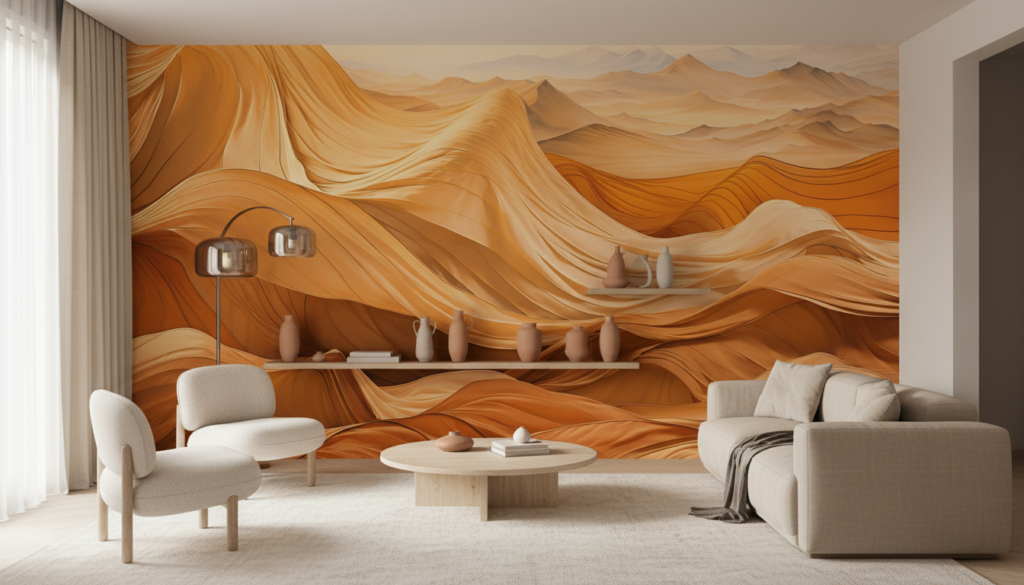 Papier Peint Dunes Dorées Abstraites Paysage Montagneux Ondulant - Salon / Séjour