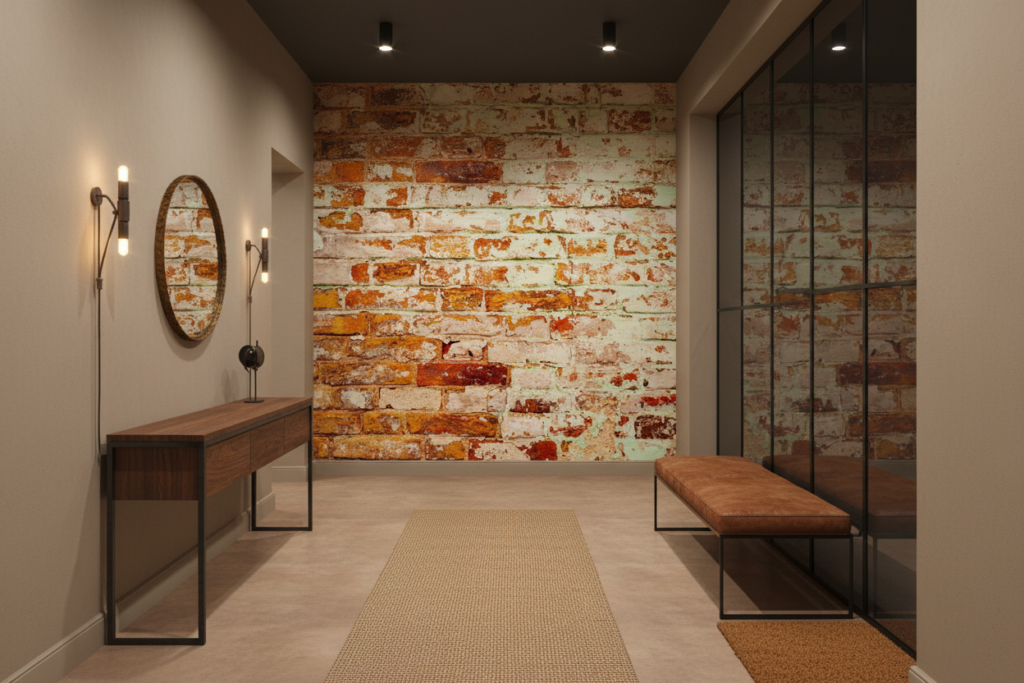 Papier peint effet brique ancienne patinée style industriel vintage - Couloir