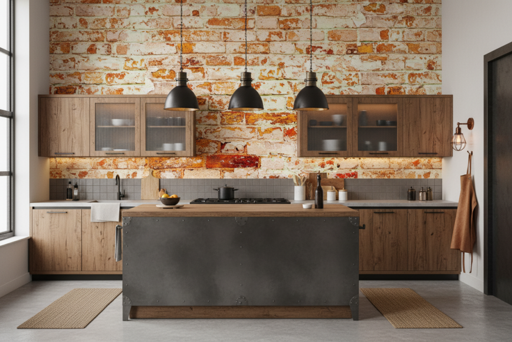 Papier peint effet brique ancienne patinée style industriel vintage - Cuisine