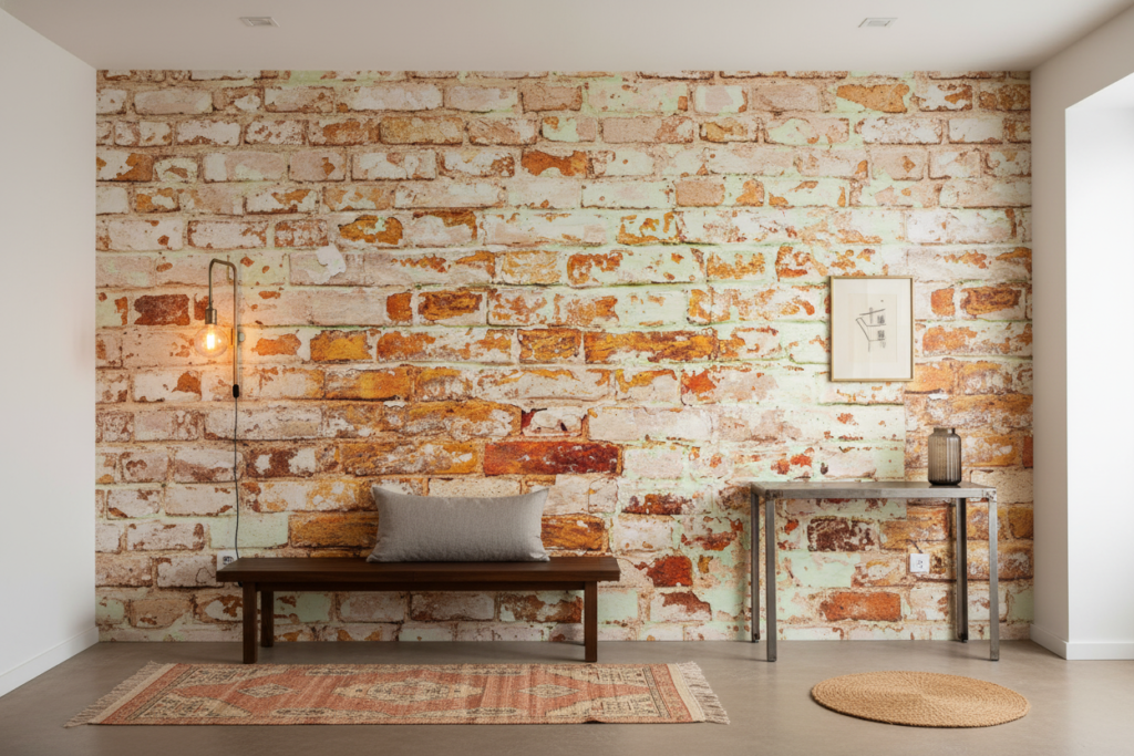 Papier peint effet brique ancienne patinée style industriel vintage - Entrée