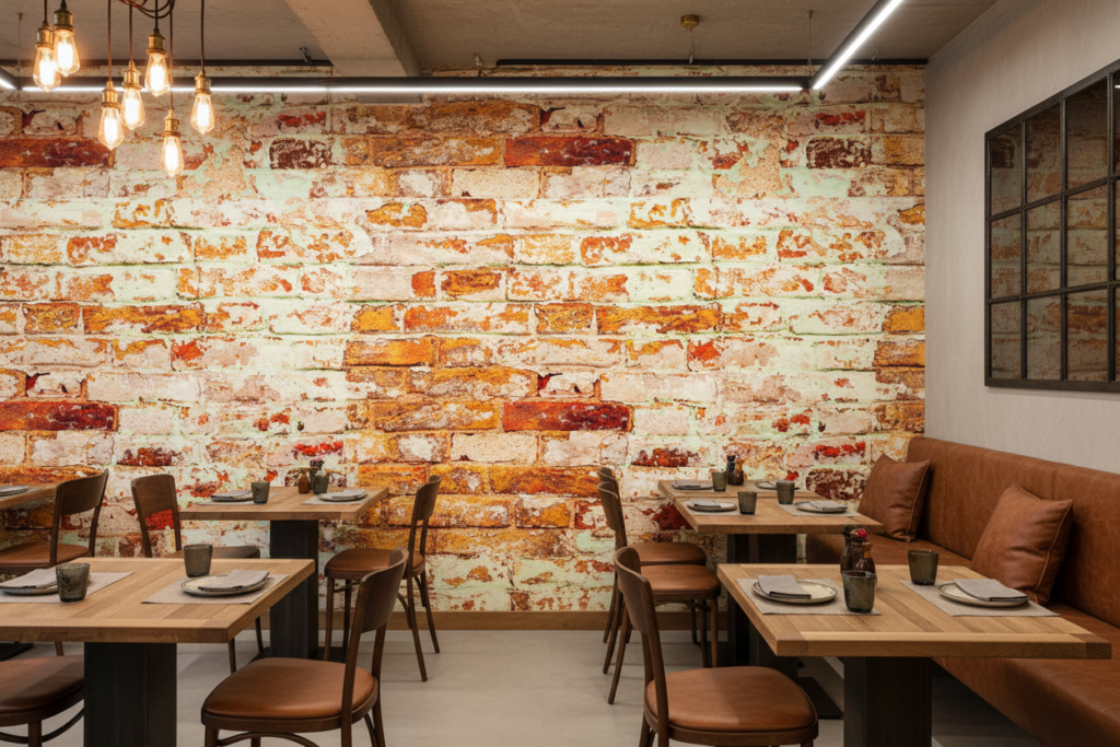 Papier peint effet brique ancienne patinée style industriel vintage - Restaurant